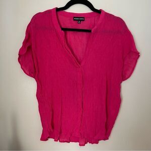 Modern Works Blouse Short Sleeve Pink V-Neck Button Down Business Casual